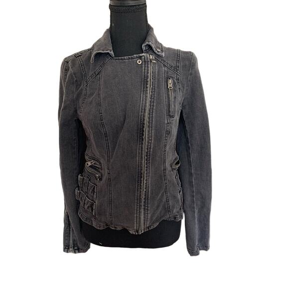 Free People Jackets & Blazers - SPRING Free people black denim wash moto zip jacket size 2 goth industrial